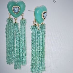 NWT On 34th St Patrick's Day Crystal Heart & Beaded Fringe Drop Earrings Green